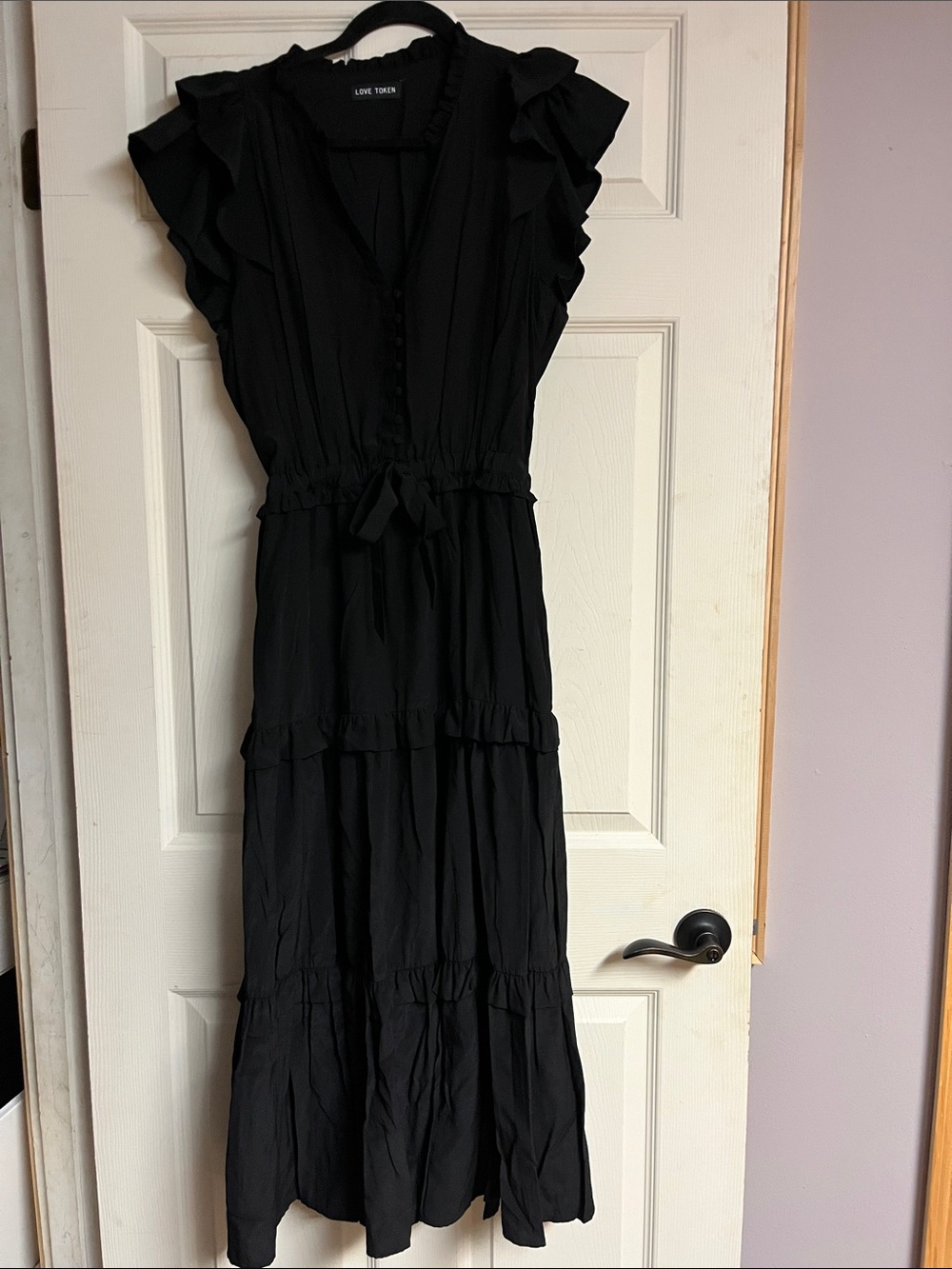 Love Token Black Ruffle-Sleeve Maxi Dress with Tie Waist